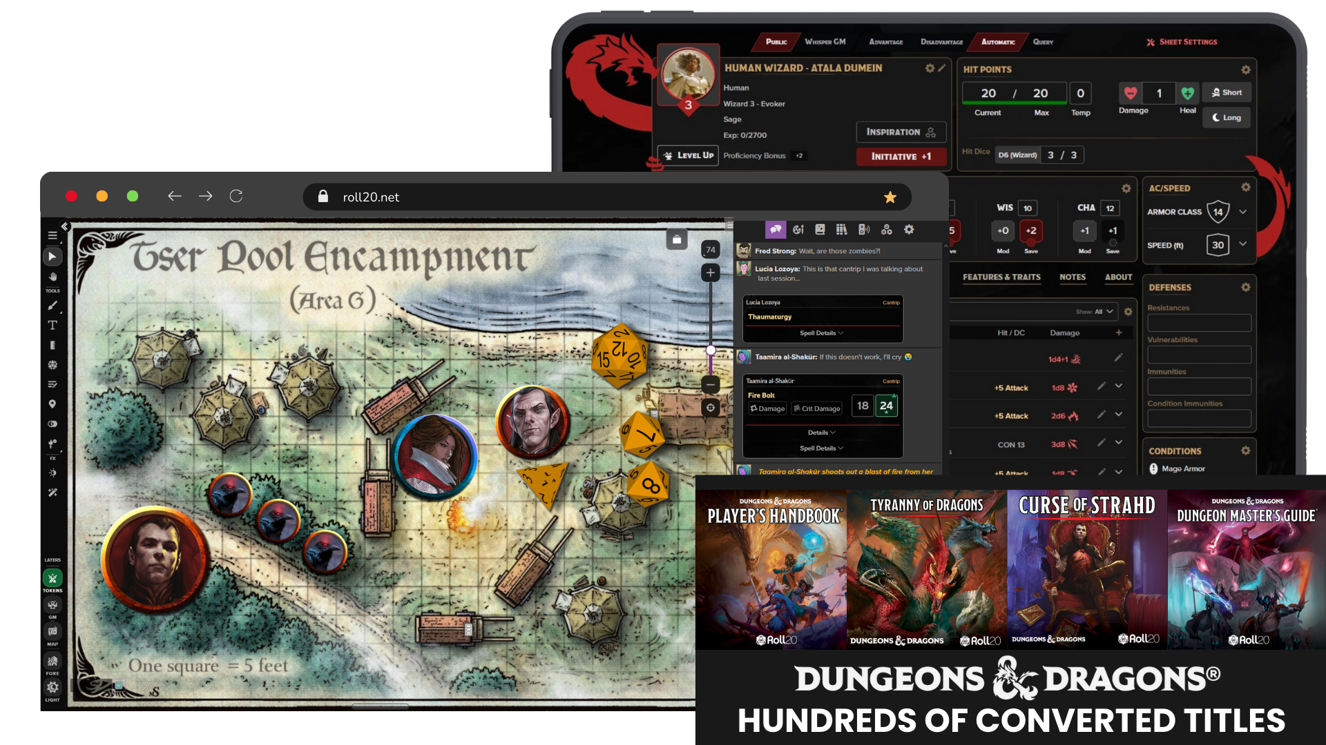 A digital game board and character sheet from the website roll20.net